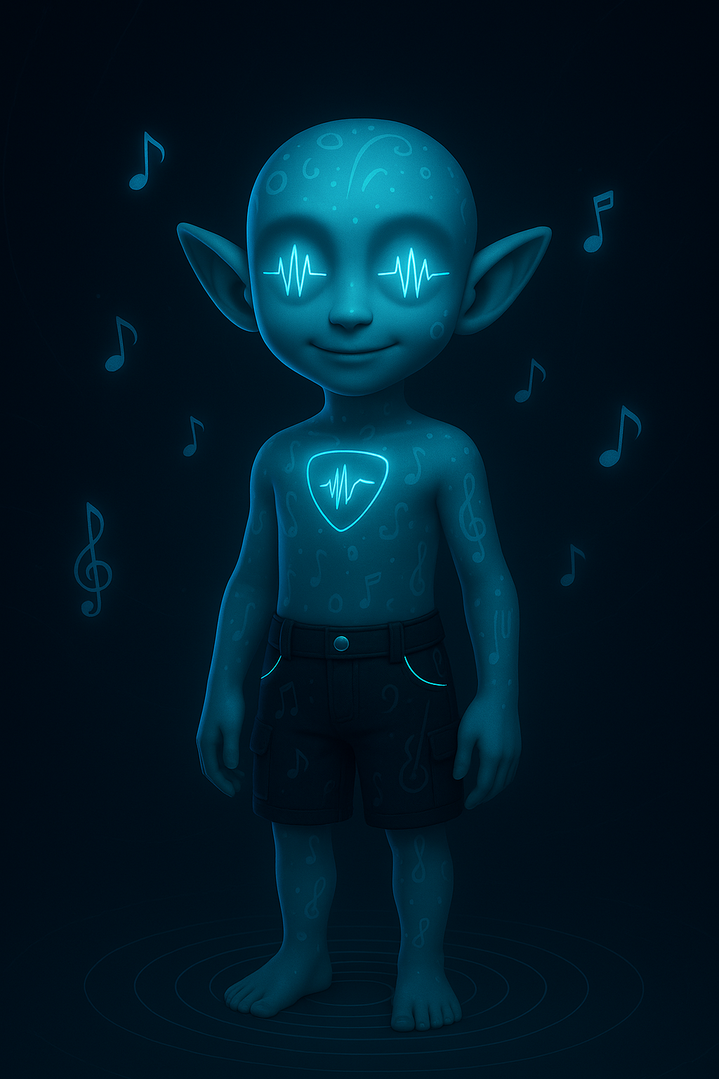 Echo standing in a glowing soundwave field, arms open, as musical symbols and waveform lines orbit him like a constellation.