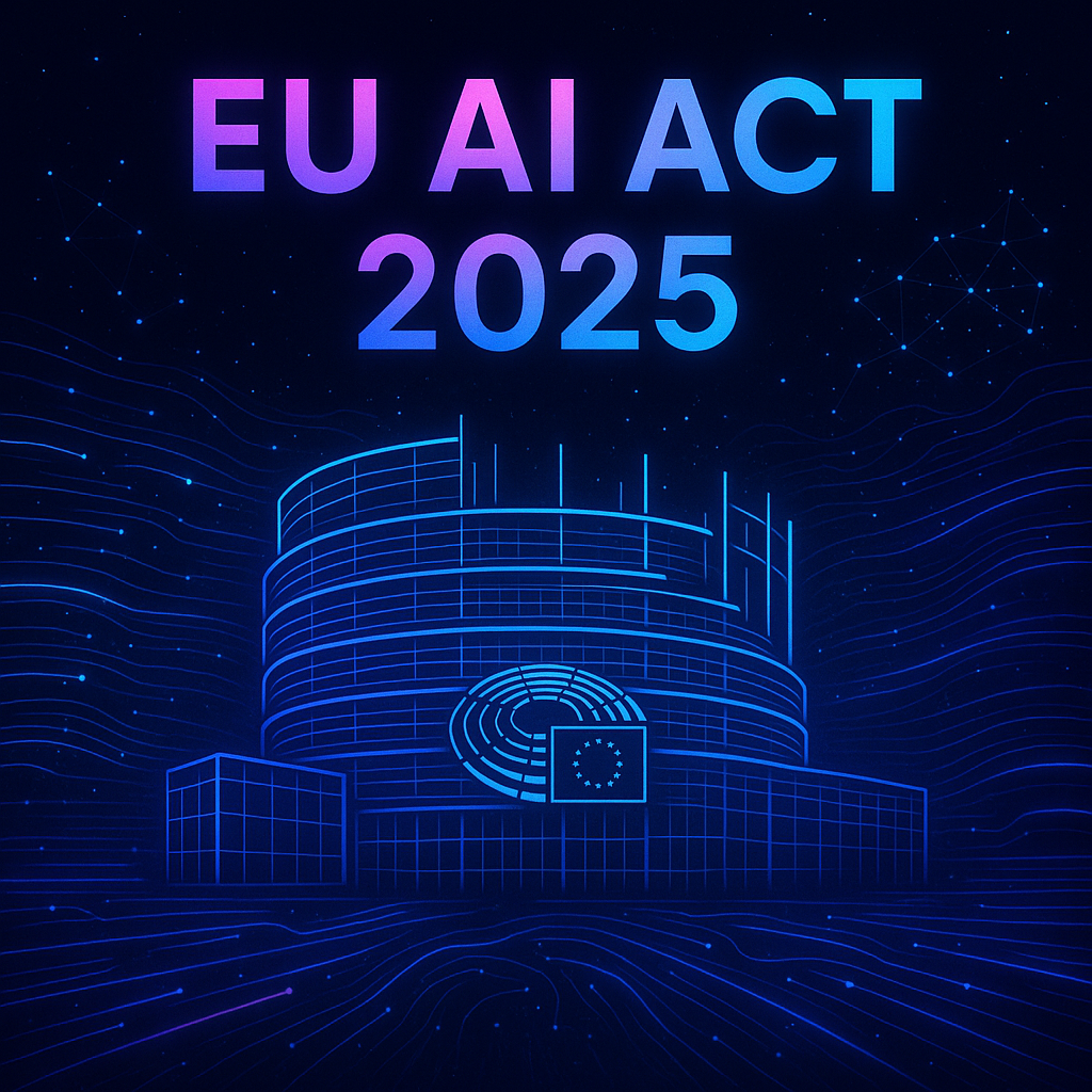 A futuristic European Parliament building glowing with neon data streams.