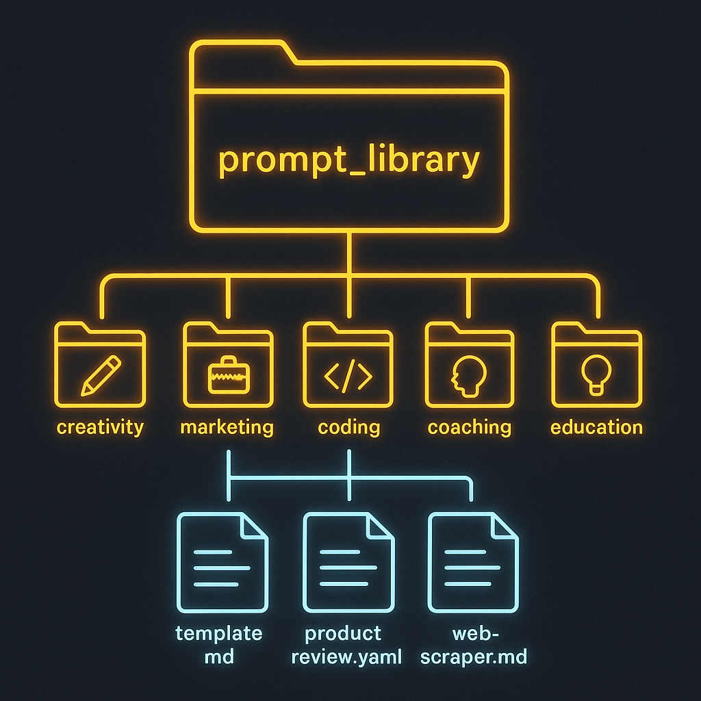 Sketch of a neon-lit digital library interface with folders labeled 'Creativity', 'Business', 'Coaching'